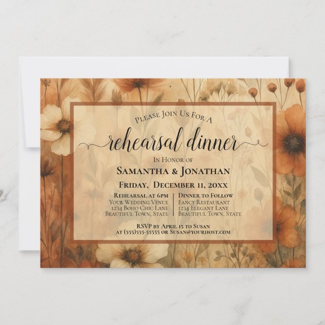 Invitación para la cena de ensayo de la boda boho  (Anverso)