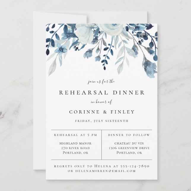 Invitación para la cena de ensayo floral azul polv (Anverso)