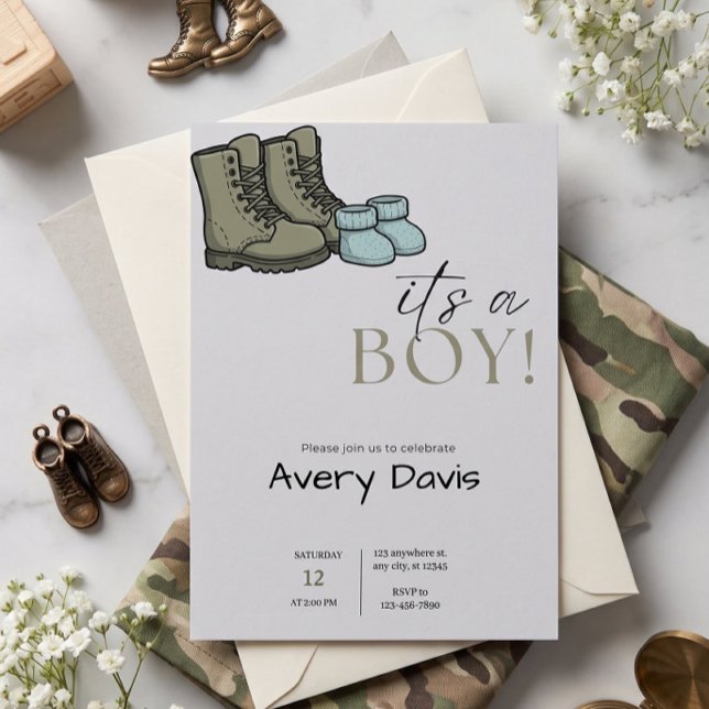 Invitación para la Ducha de Botas de Combate y Zap (Combat Boots & Baby Booties Invitation | "It's a Boy" Military Baby Shower)