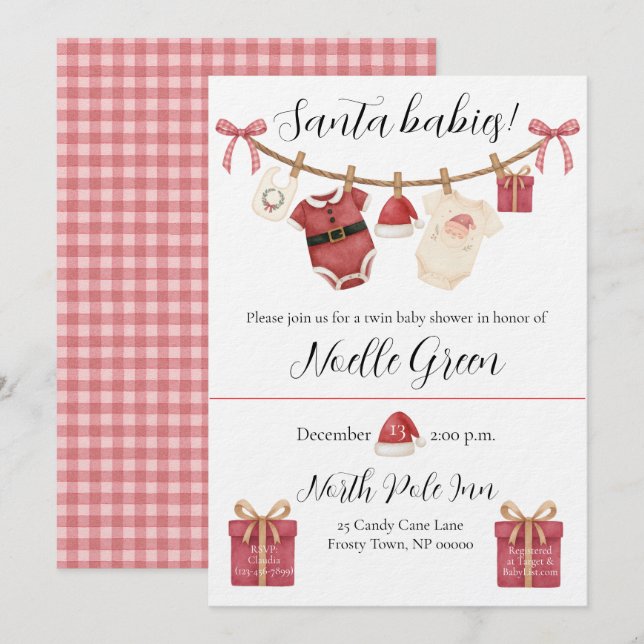 Invitación para la Fiesta de Bebés Gemelos Santa (Anverso / Reverso)
