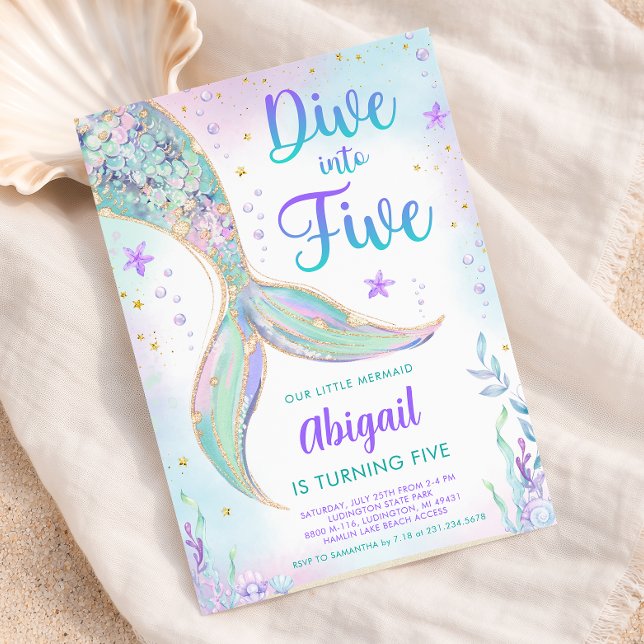 Invitación para la fiesta de cumpleaños número 5 d (Dive into Five - Mermaid 5th Birthday Party Invite - Girls  Pastel Mermaid Tail Invite)