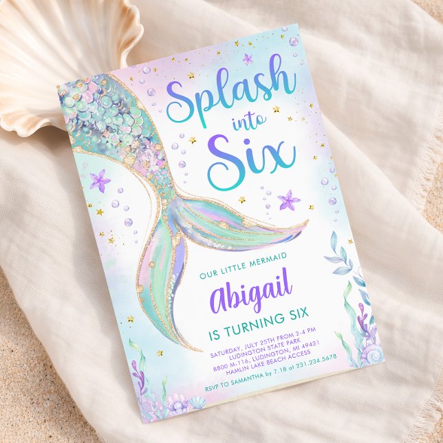 Invitación para la fiesta de cumpleaños número 6 d (Splash into Six - Mermaid 6th Birthday Party Invite - Pastel Mermaid Tail)