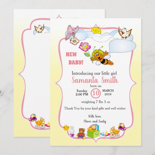 invitación para la introducción del bebé, chica (Anverso / Reverso)