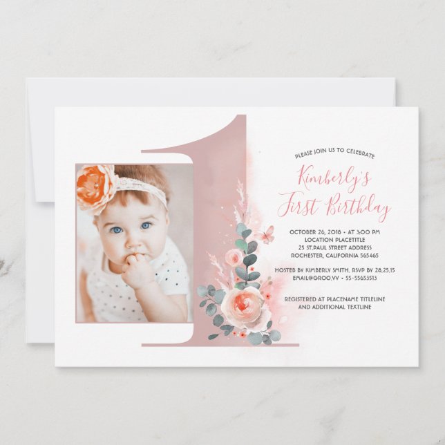 Invitación Para las niñas| Foto rosa del primer cumpleaños de (Anverso)