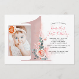 Invitación Para las niñas| Foto rosa del primer cumpleaños de