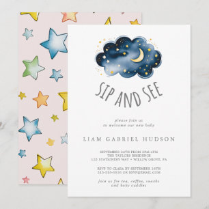 Invitación para niña Luna y estrellas Bebé Sip y S