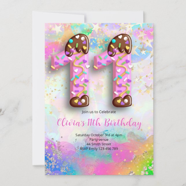 Invitación para niñas cumpleañeras de 11 años (Anverso)