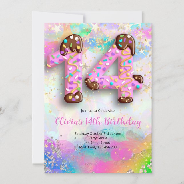 Invitación para niñas cumpleañeras de 14 años (Anverso)