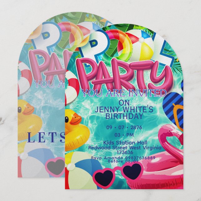 Invitación para niños a fiesta en la piscina  (Anverso / Reverso)