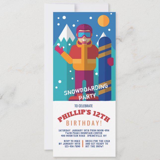 Invitación para niños de Snowboard (Anverso)