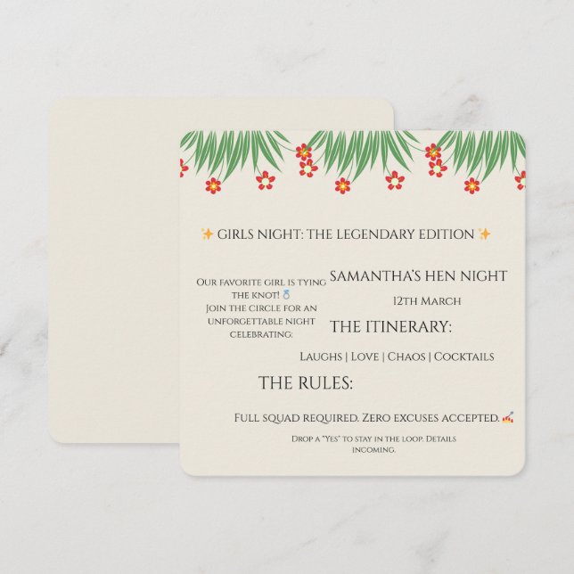 Invitación para Noche de Despedida Tropical – Dive (Anverso / Reverso)