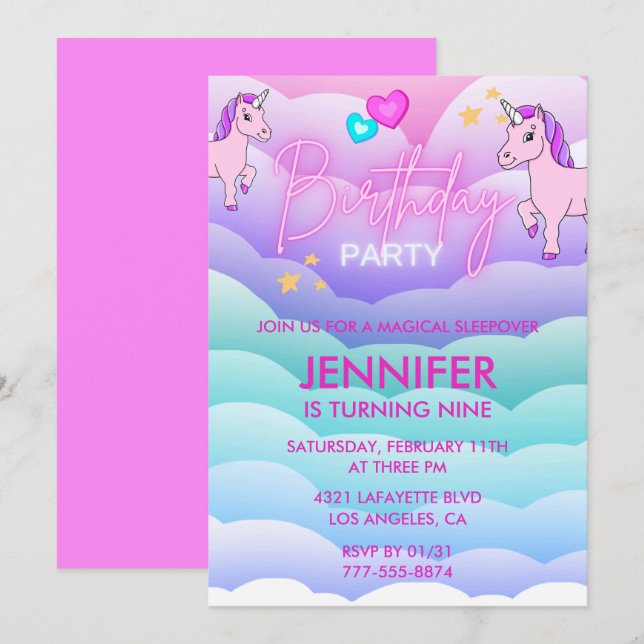 Invitación para pijamada de unicornio cumpleaños 9 (Anverso / Reverso)