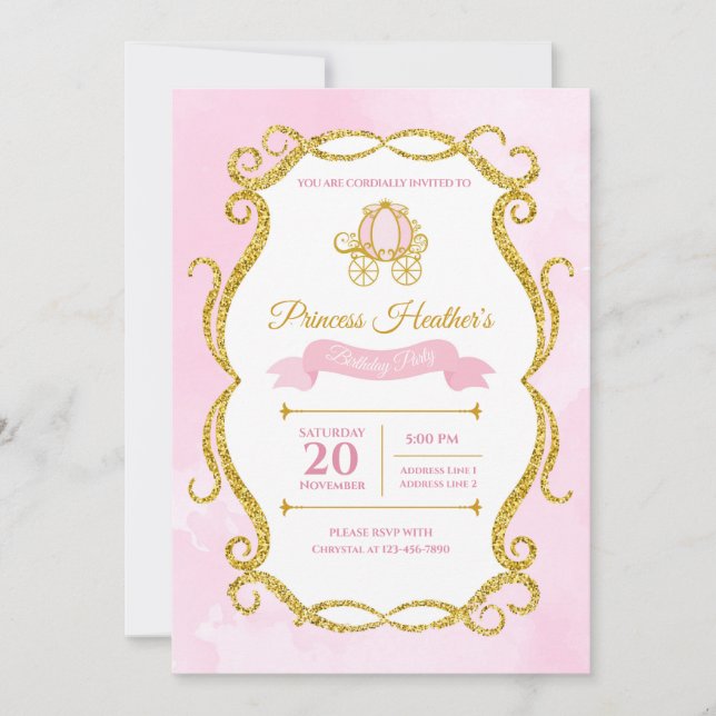 Invitación para princesas Purpurinas de oro y rosa (Anverso)