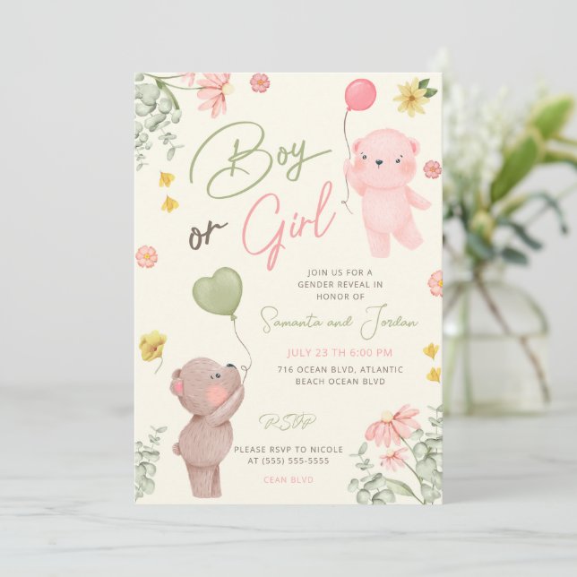 Invitación para revelar el género del oso de peluc (Anverso de pie)