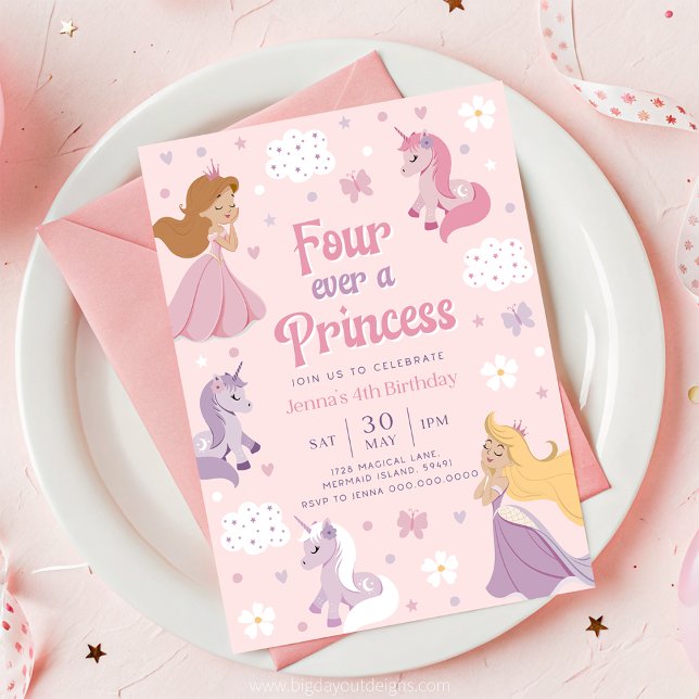 Invitación para siempre una princesa. Cuatro veces (Princess and Unicorn Pink 4th Birthday Invitation)