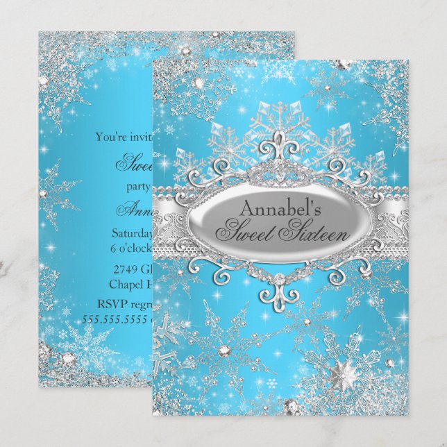 Invitación para Sweet 16 de Blue Princess Winter W (Anverso / Reverso)