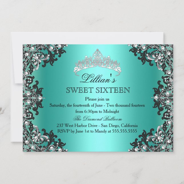 Invitación para Sweet 16 Tiara de Damasco Negro Pl (Anverso)