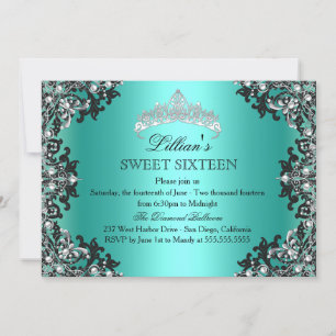 Invitación para Sweet 16 Tiara de Damasco Negro Pl