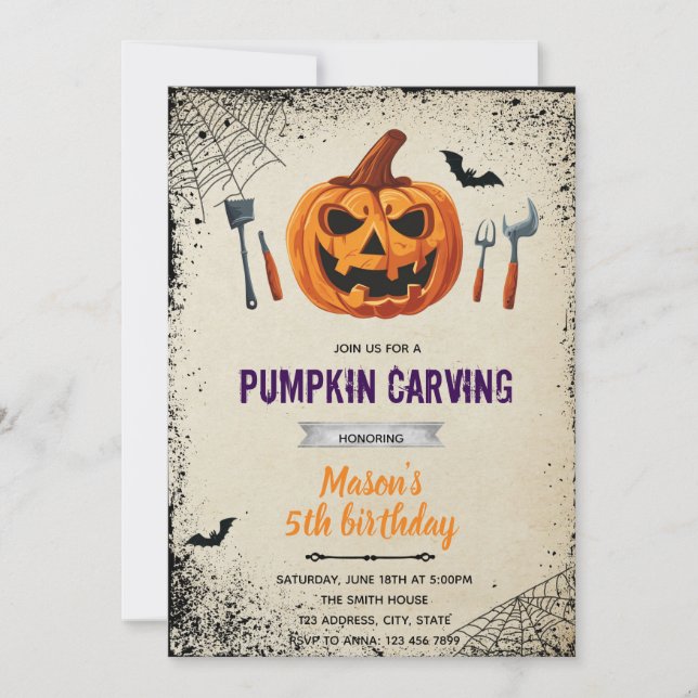 invitación para tallar calabaza de Halloween (Anverso)