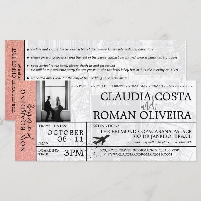 Invitación para tarjeta de embarque de Rosa Gold B (Anverso / Reverso)