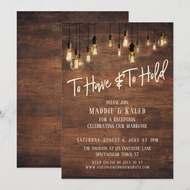 Invitación Para Tener y Para Mantener Luces Edison de Madera  (Anverso / Reverso)