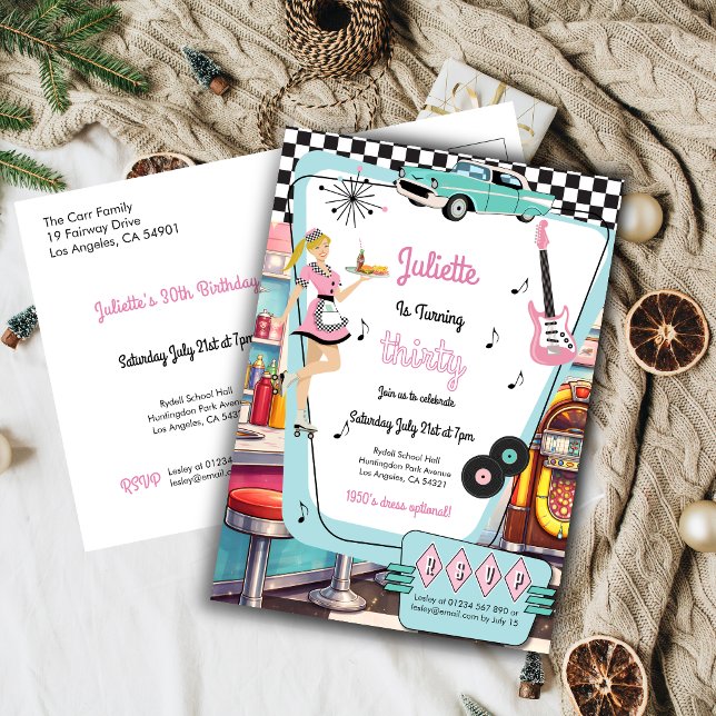 Invitación para una fiesta temática de restaurante (1950s Retro Diner Themed Birthday Party invitation post card)