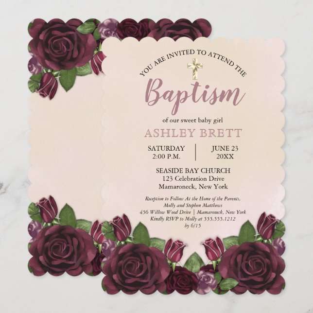 Invitación Para vino | RUBOR | Bautismo Floral Mauve Painterl (Anverso / Reverso)