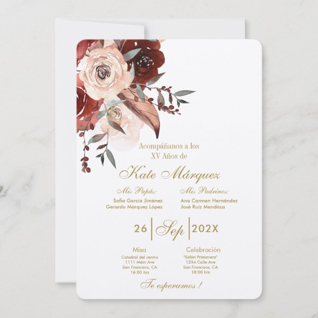 Invitación para xv años con flor (Anverso)