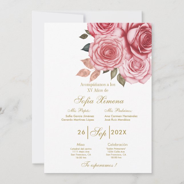 Invitación para xv años con flor rosa (Anverso)