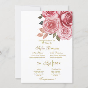 Invitación para xv años con flor rosa