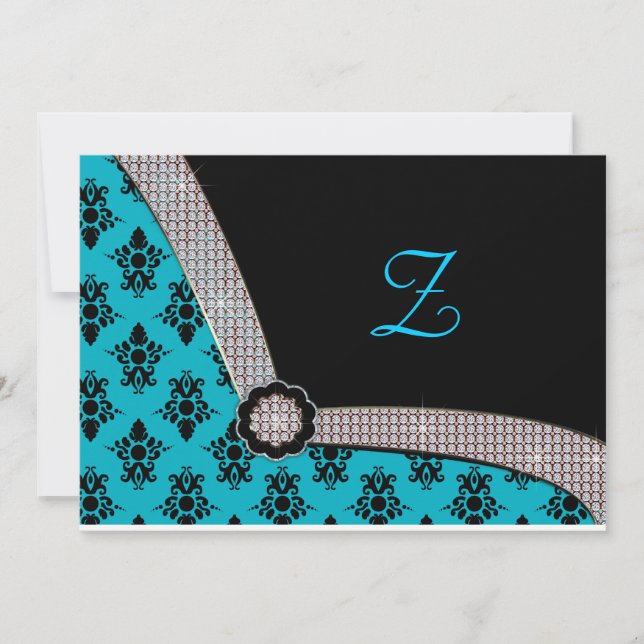 Invitación Paracaidilla de damasco azul y negro Aqua (Anverso)