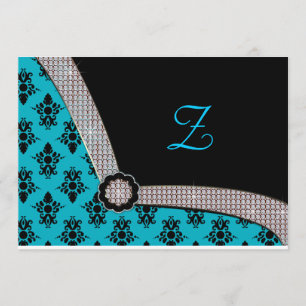 Invitación Paracaidilla de damasco azul y negro Aqua