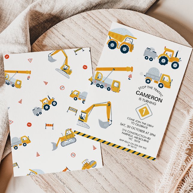 Invitación Parada Moderna Construcción de Tráfico Primer Cump (Modern stop the traffic, construction themed 1st birthday invitation in yellow, black and grey.)