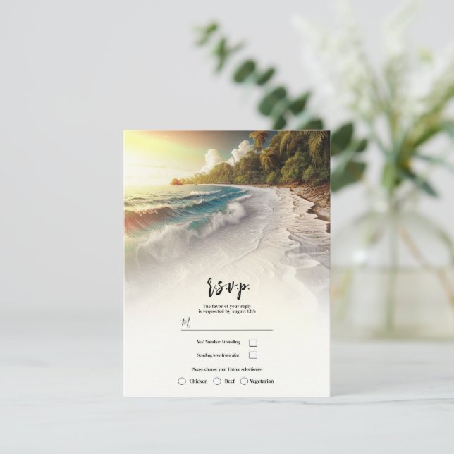 Invitación Paradise Beach Sunset Rustic Wedding RSVP (Anverso de pie)