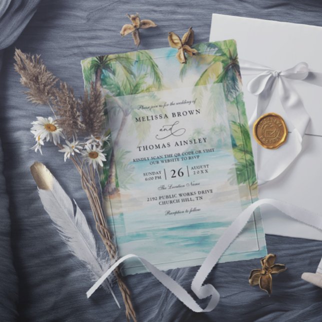 Invitación Paradise Palms Tropical Beach QR Code Wedding (Subido por el creador)