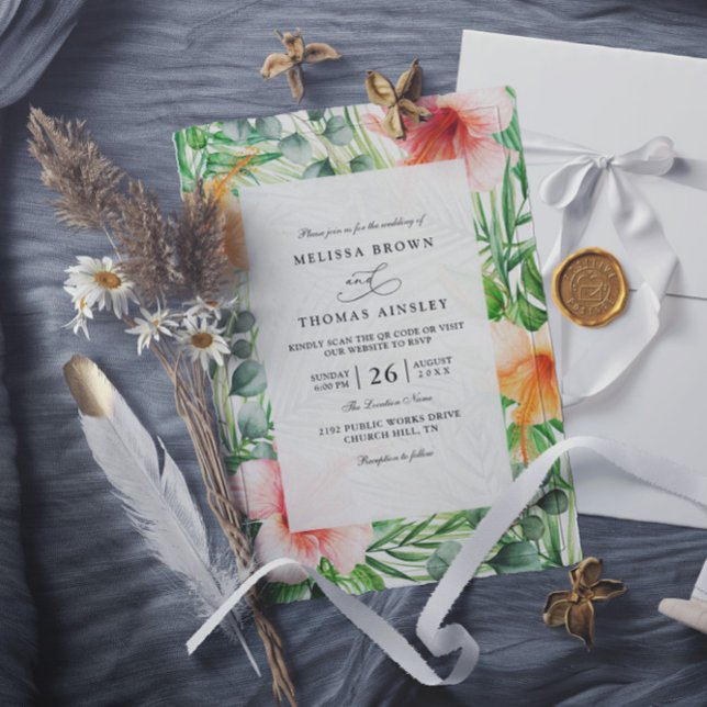 Invitación Paradise Tropical Hibiscus Floral QR Code Wedding (Subido por el creador)