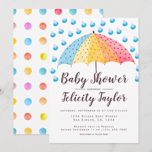 Invitación Paraguas arcoiris de Baby Shower (Anverso / Reverso)