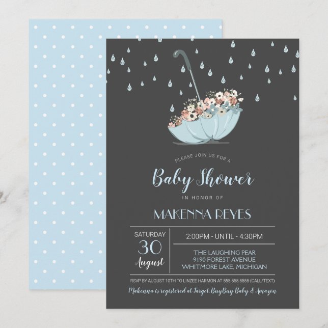 Invitación Paraguas con niño florido o Baby Shower neutral (Anverso / Reverso)