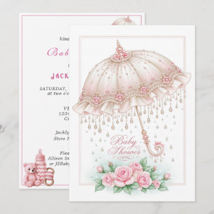 Invitación Paraguas de Baby Shower Gotitas de Lluvia Rosas Ro
