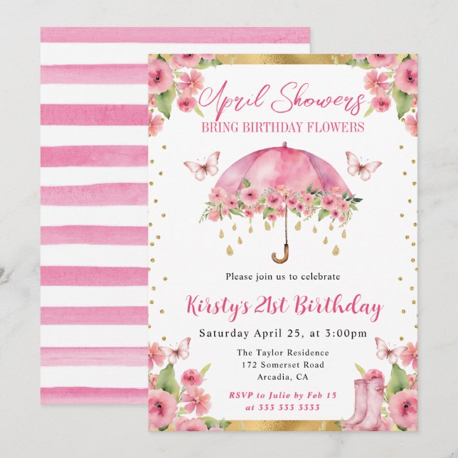Invitación Paraguas de cumpleaños 21 Primavera Rosa Dorado Ac (Anverso / Reverso)