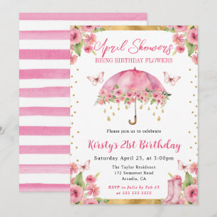 Invitación Paraguas de cumpleaños 21 Primavera Rosa Dorado Ac
