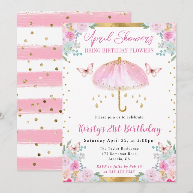 Invitación Paraguas de cumpleaños 21 Primavera Rosa Dorado Ac (Anverso / Reverso)