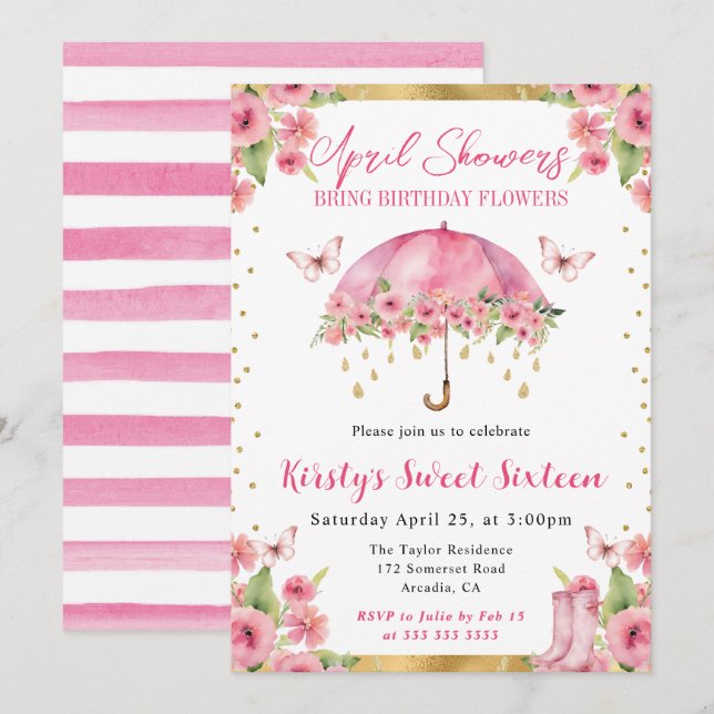 Invitación Paraguas de dieciséis dulces de primavera de oro r (Anverso / Reverso)