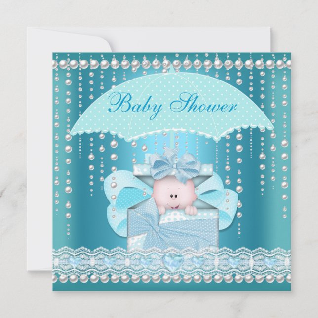 Invitación Paraguas de la Perla Azul de Baby Shower Boy Baby (Anverso)