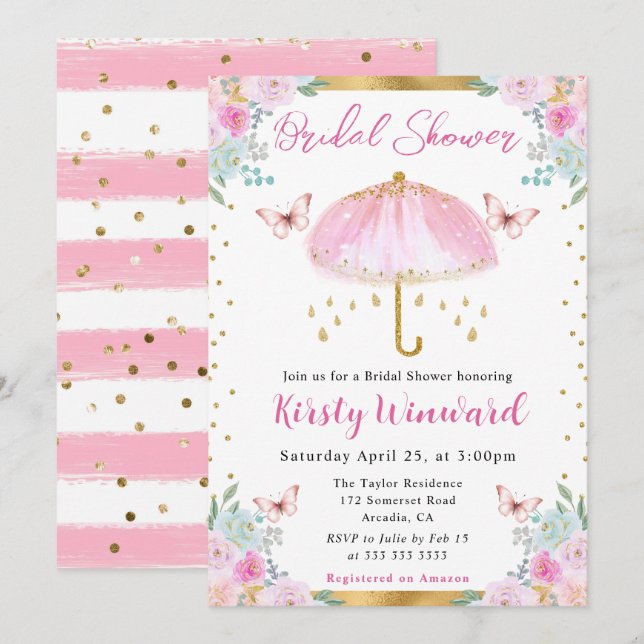 Invitación Paraguas de lluvia de boda de primavera de oro ros (Anverso / Reverso)