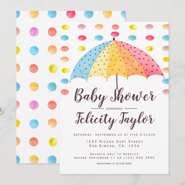 Invitación Paraguas de los puntos del arco iris de Baby Showe (Anverso / Reverso)