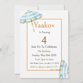 Invitación Paraguas de playa cumpleaños 4 azul dorado costero
