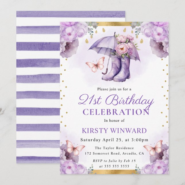 Invitación Paraguas de primavera de oro y púrpura Cumpleaños  (Anverso / Reverso)