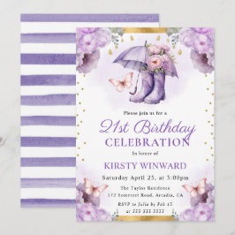 Invitación Paraguas de primavera de oro y púrpura Cumpleaños 