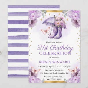 Invitación Paraguas de primavera de oro y púrpura Cumpleaños 